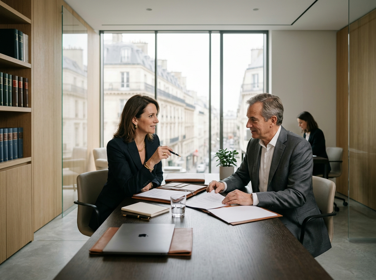 Dossier de droit des affaires posé sur un bureau en bois